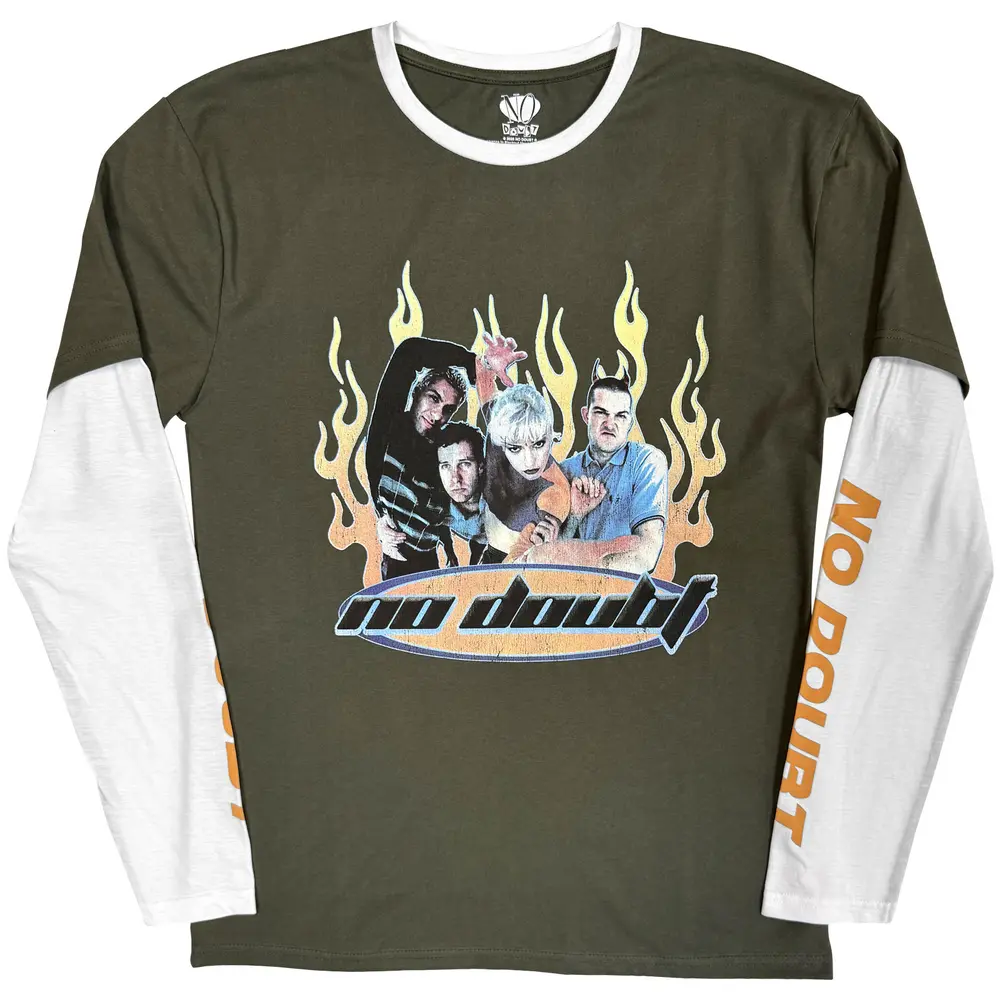 Unisex 2 In 1 Layered Long Sleeve T-Shirt: Flames (Green & White) (Sleeve Print)