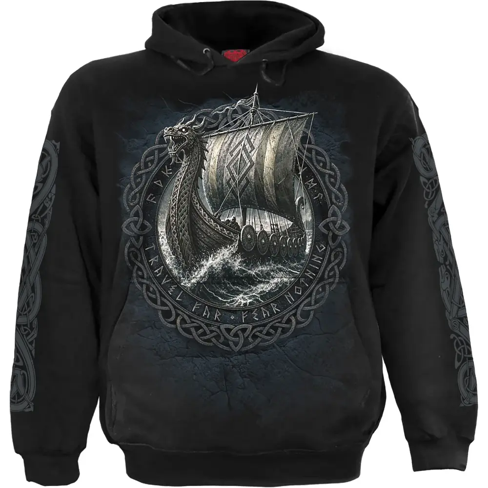 Unisex Pullover Hoodie: Viking Norseman (Black) (Back & Sleeve Print)