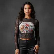 Ladies Long Sleeve Mesh Crop Top: A Day At The Races (Black) (Front & Back) thumbnail