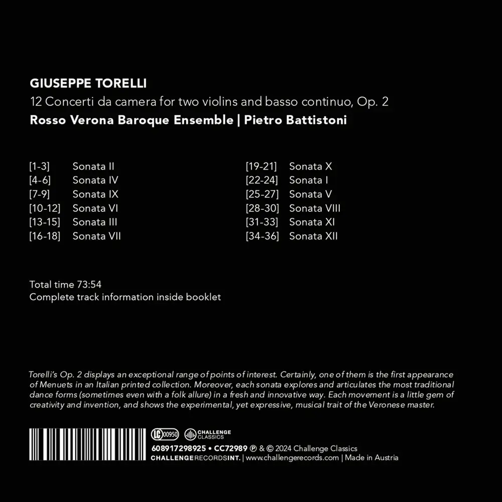GIUSEPPE TORELLI: 12 CONCERTI DA CAMERA FOR TWO VIOLINS AND BASSO CONTINUO, OP. 2