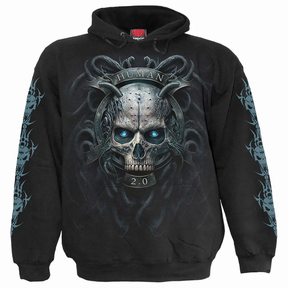 Unisex Pullover Hoodie: Human 2.0 (Black) (Back & Sleeve Print)