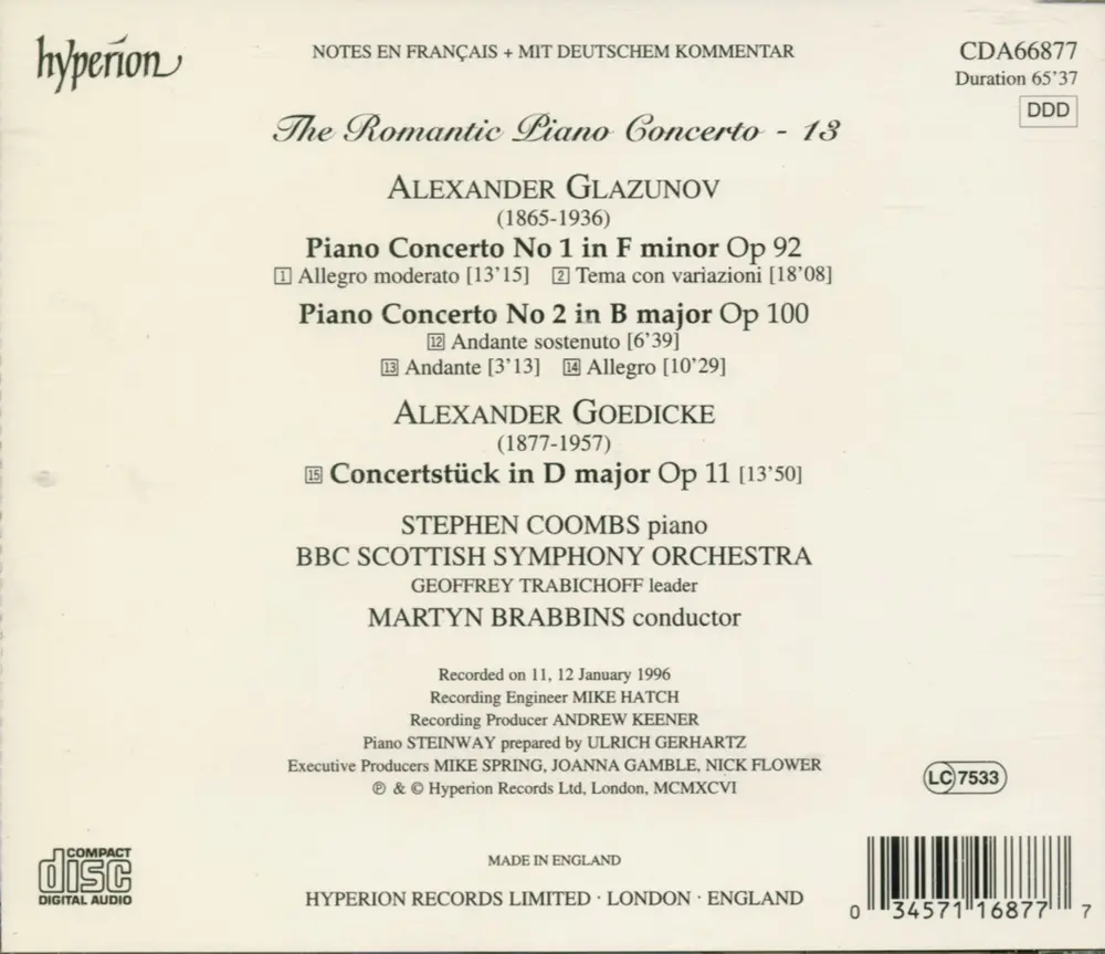 GLAZUNOV & GOEDICKE: PIANO CONCERTOS (HYPERION ROM