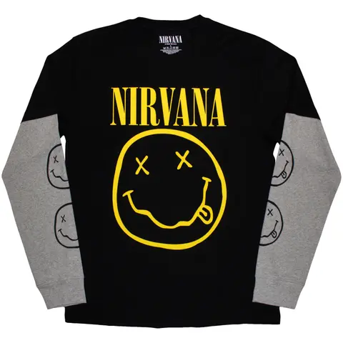 Unisex 2 In 1 Layered Long Sleeve T-Shirt: Yellow Happy Face (Black & Grey) (Sleeve Print)