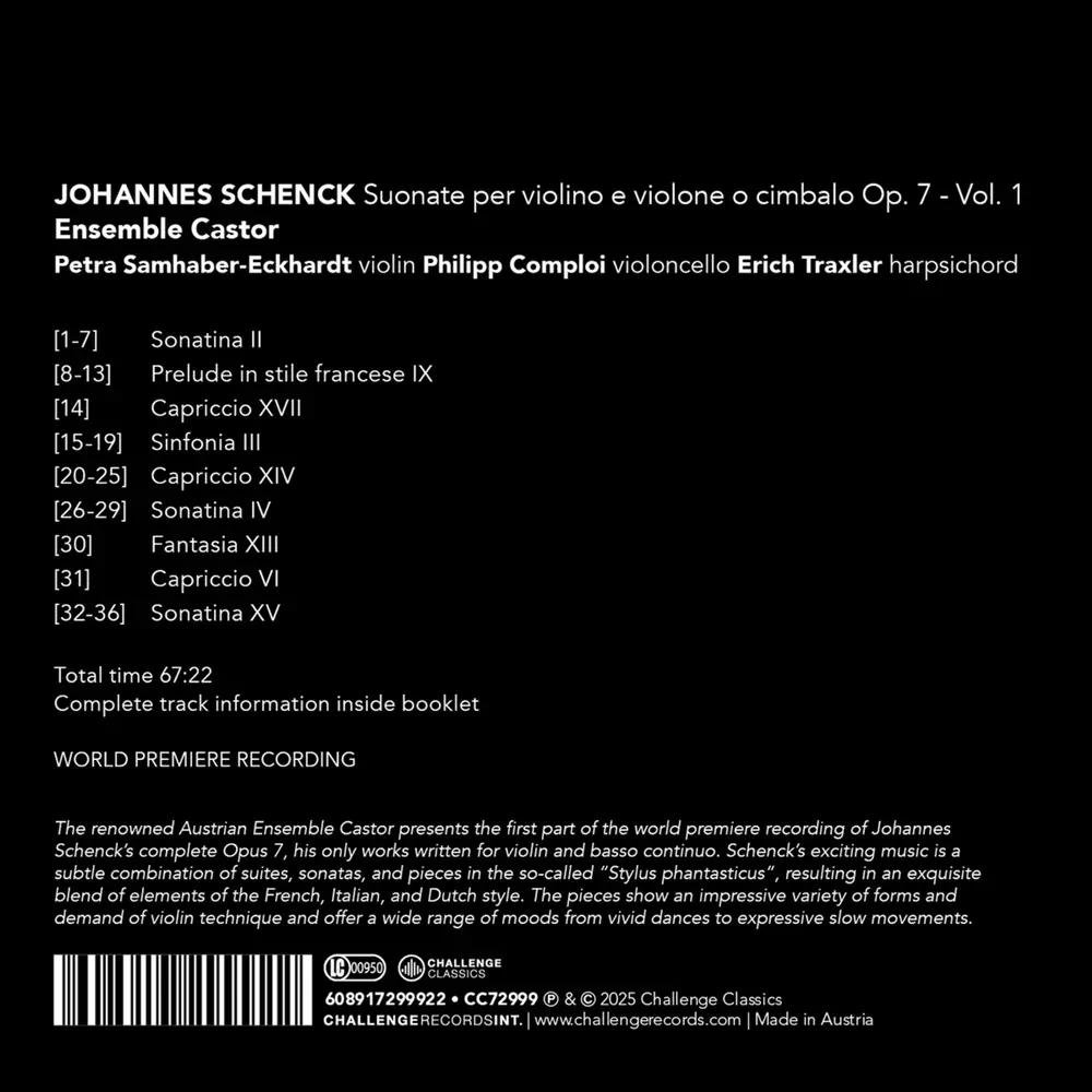 Ensemble Castor – JOHANNES SCHENCK: SUONATE PER VIOLINO E VIOLONE O CIMBALO OP. 7 - VOL. 1 (CD)
