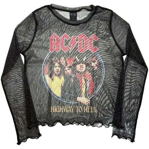 Ladies Long Sleeve Mesh Crop Top: Highway To Hell (Black)