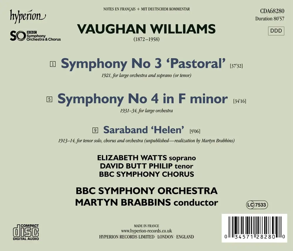 VAUGHAN WILLIAMS: SYMPHONY NO 3 'PASTORAL' & SYMPHONY NO 4