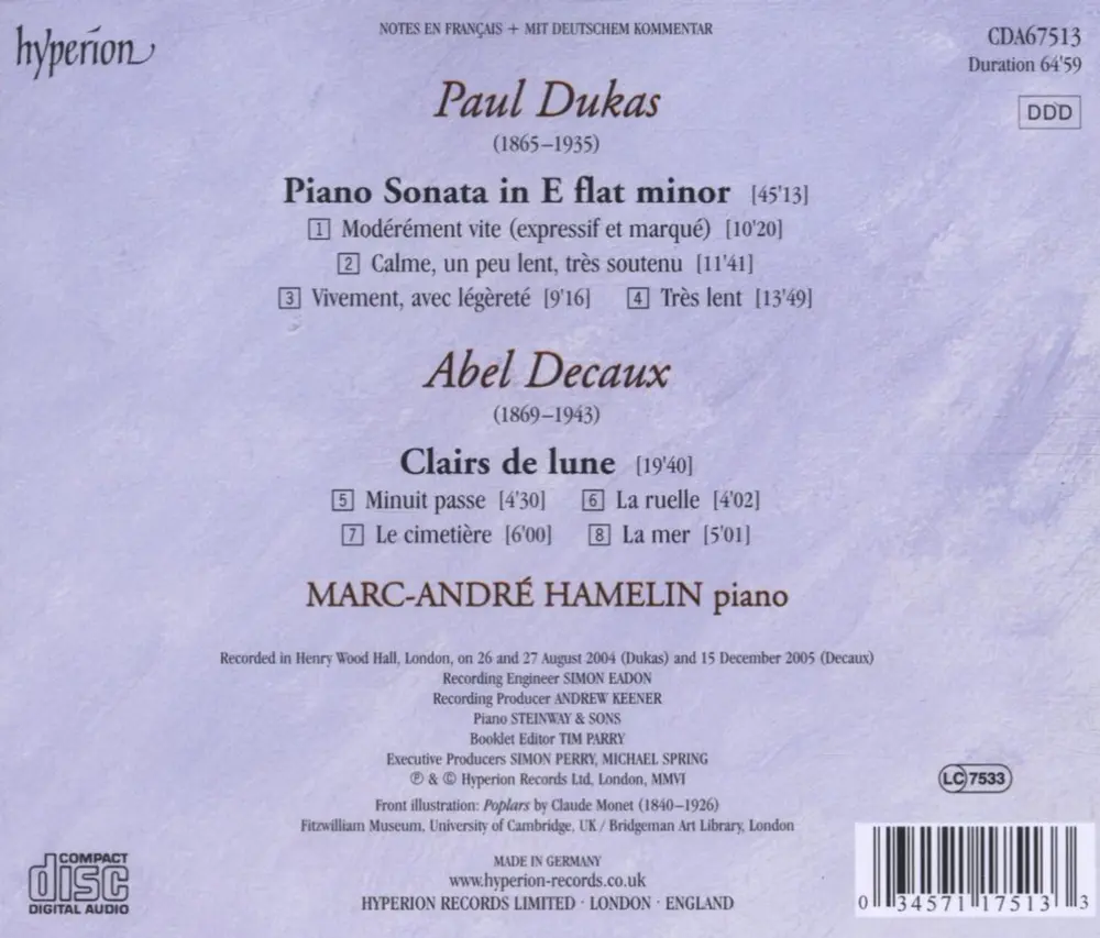 DUKAS: PIANO SONATA ? DECAUX: CLAIRS DE LUNE