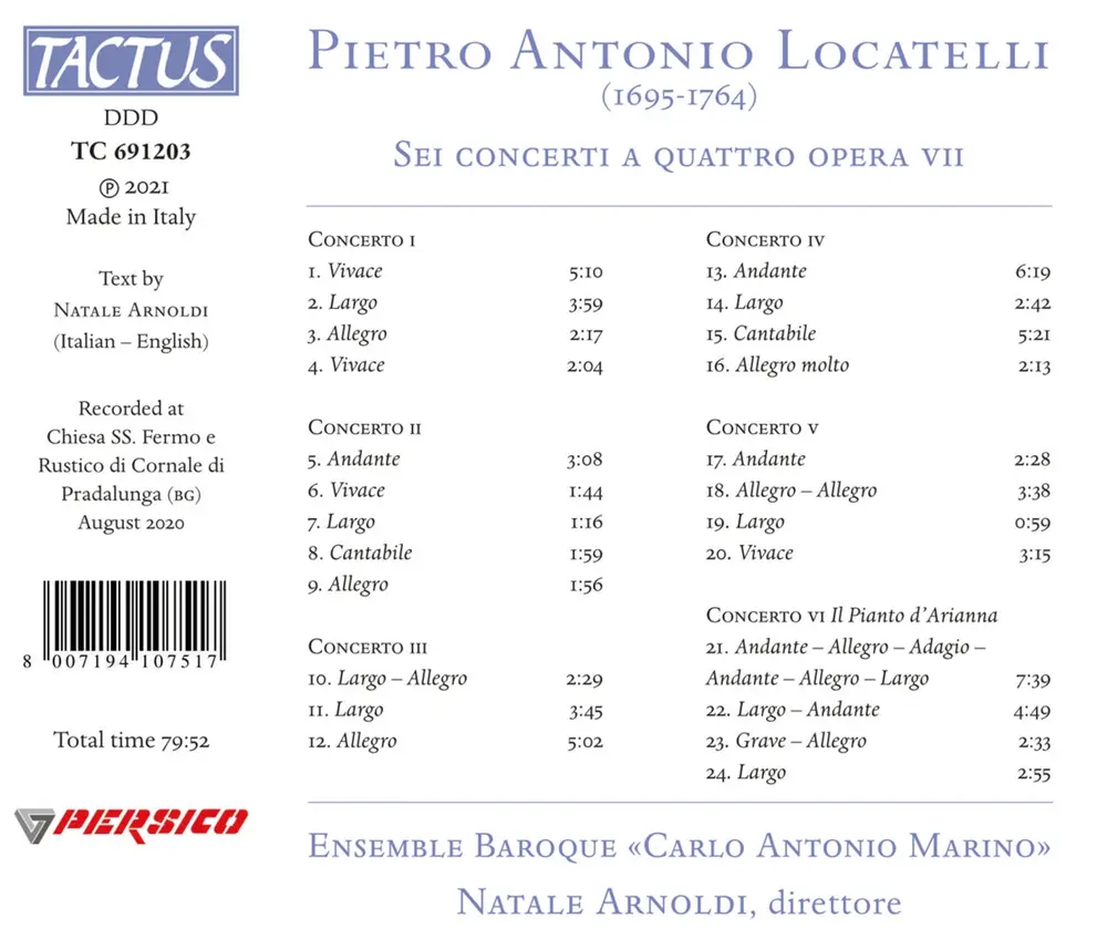 Ensemble Baroque Carlo Antonio Marino – LOCATELLI: SEI CONCERTI A QUATTRO OPERA VII (CD)