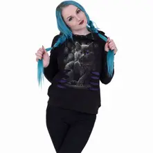 Ladies Ripped Pullover Hoodie: Cattitude (Black & Purple) thumbnail