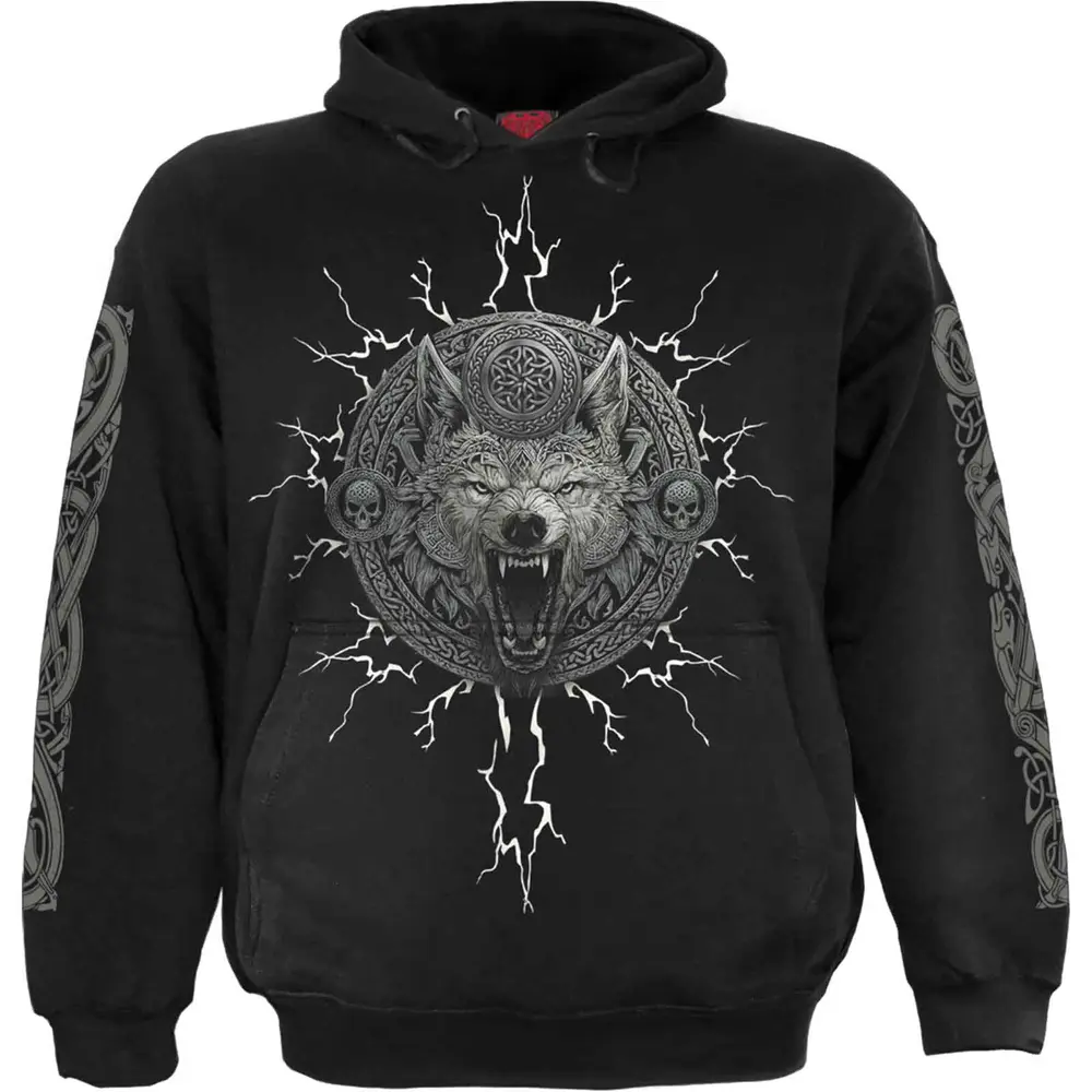 Unisex Pullover Hoodie: Valhalla (Black) (Back & Sleeve Print)