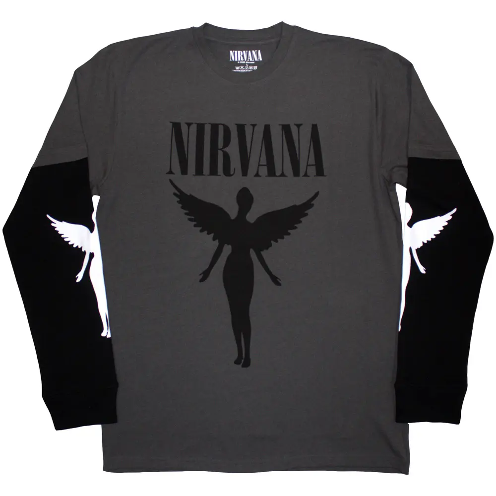 Unisex 2 In 1 Layered Long Sleeve T-Shirt: In Utero Mono (Charcoal Grey & Black) (Sleeve Print)