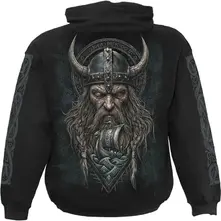 Unisex Pullover Hoodie: Viking Norseman (Black) (Back & Sleeve Print) thumbnail