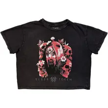 Sleep Token, Croptop Ladies Stone Wash Crop Top: Skull & Flowers (Charcoal Grey), Šedá