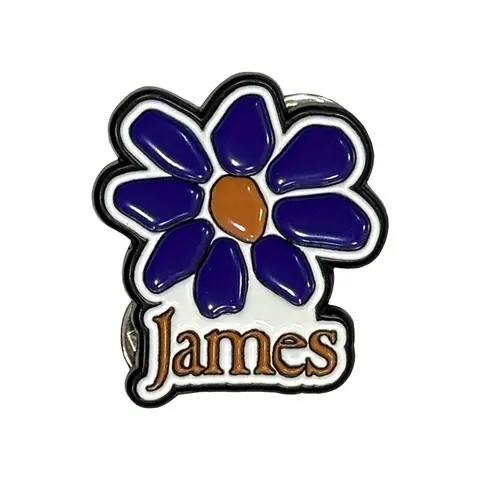 Pin Badge: Orange Logo Purple Daisy (Orange)