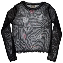 Croptop Ladies Long Sleeve Mesh Crop Top: Butterflies (Black)