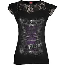 Ladies Lace Layered Cap Sleeve Top: Waisted Corset (Black) thumbnail
