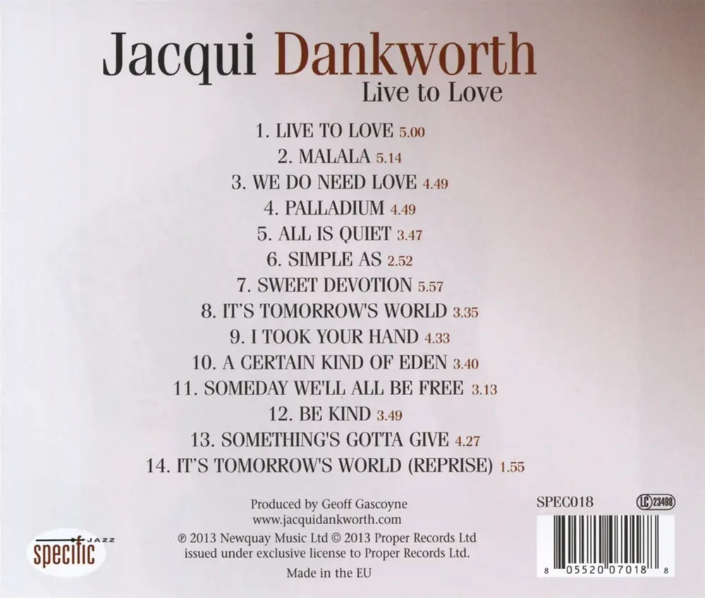 Jacqui Dankworth – LIVE TO LOVE (CD)