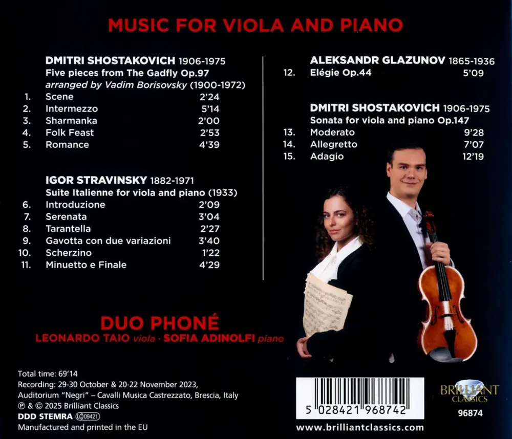MUSIC FOR VIOLA AND PIANO BY SHOSTAKOVICH, STRAVINKSY, GLAZUNOV