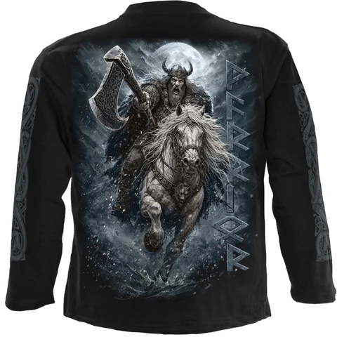 Unisex Long Sleeve T-Shirt: Viking Rampage (Black) (Back & Sleeve Print)