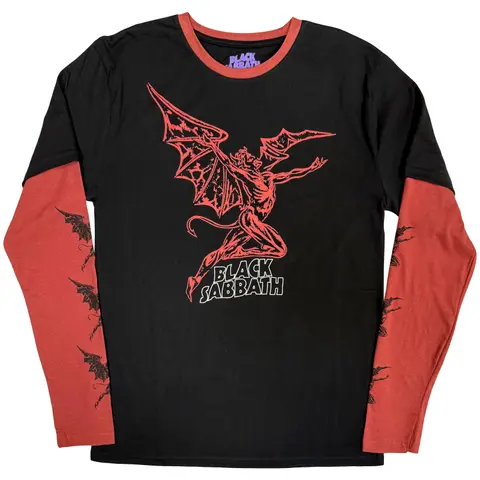 Unisex 2 In 1 Layered Long Sleeve T-Shirt: Red Henry Wavy Logo (Black & Red) (Sleeve Print)