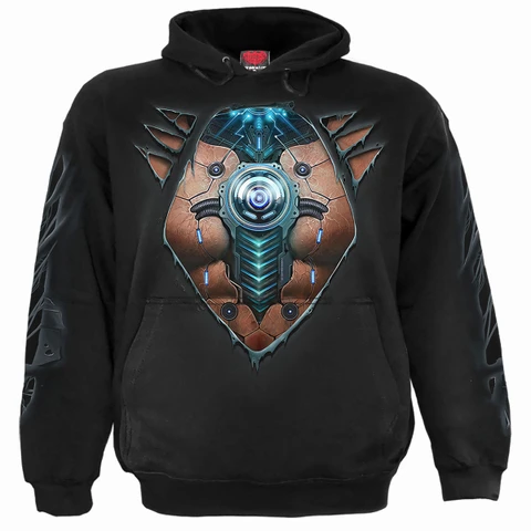 Unisex Pullover Hoodie: Cyber Skin (Black) (Back & Sleeve Print)