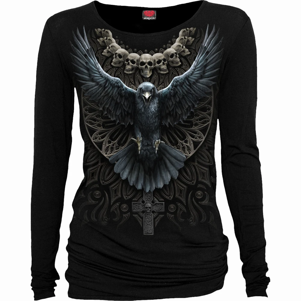 Ladies Long Sleeve Baggy T-Shirt: Raven Skull (Black)