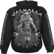 Unisex Pullover Hoodie: Valhalla (Black) (Back & Sleeve Print) thumbnail