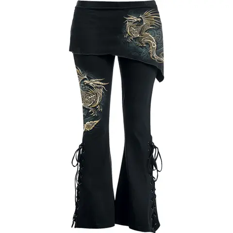 Ladies Boot Cut Leggings with Micro Skirt: Celtic Dragon (Black) (Back Print)