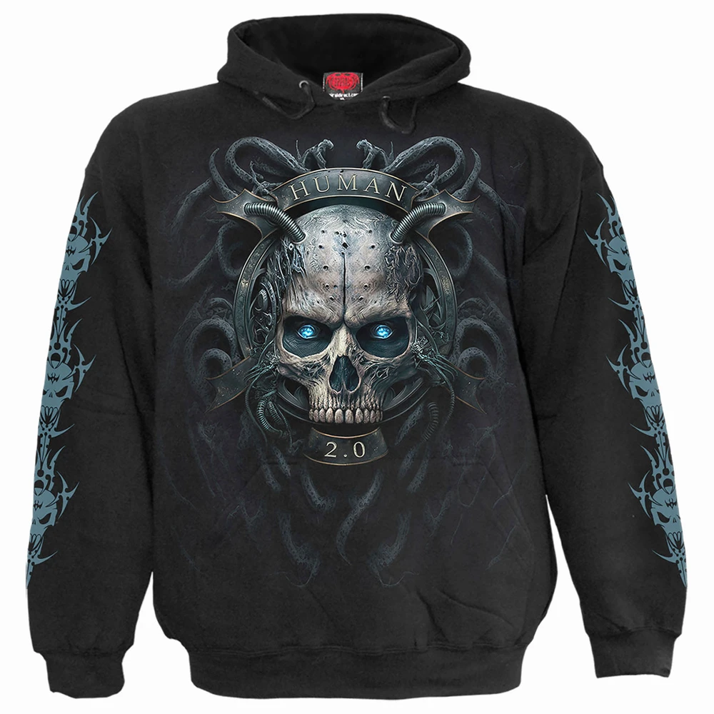 Unisex Pullover Hoodie: Human 2.0 (Black) (Back & Sleeve Print)