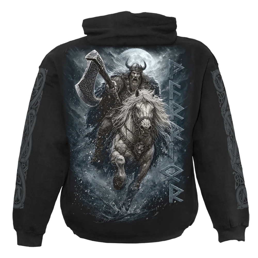 Unisex Pullover Hoodie: Viking Rampage (Black) (Back & Sleeve Print)