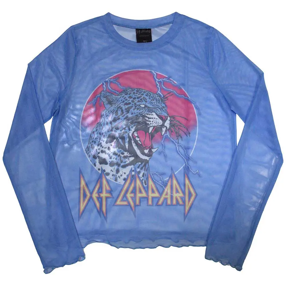 Ladies Long Sleeve Mesh Crop Top: Lightning Leopard (Blue)