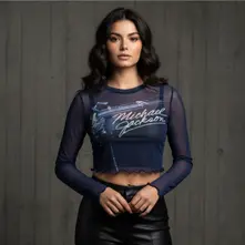 Ladies Long Sleeve Mesh Crop Top: Blurred (Blue) thumbnail