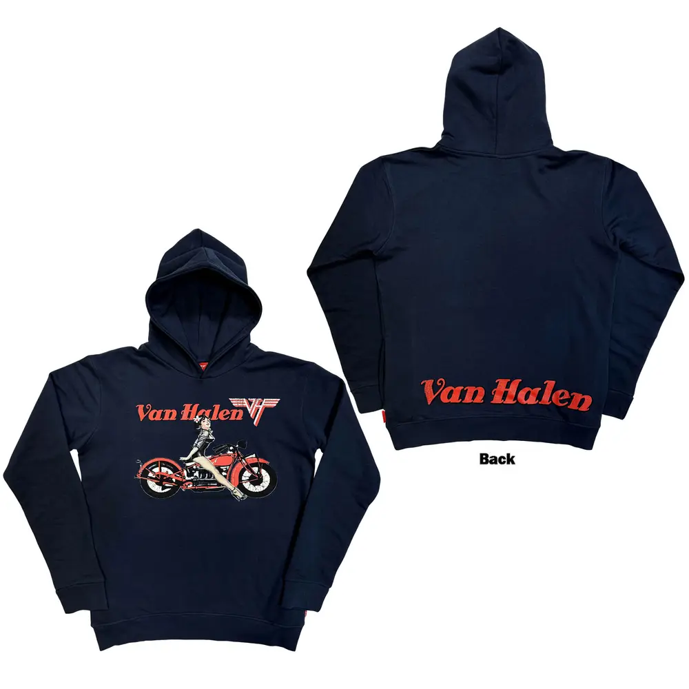 Unisex Unplugged Pullover Hoodie: Pinup Motorcycle (Navy Blue) (Back Print)