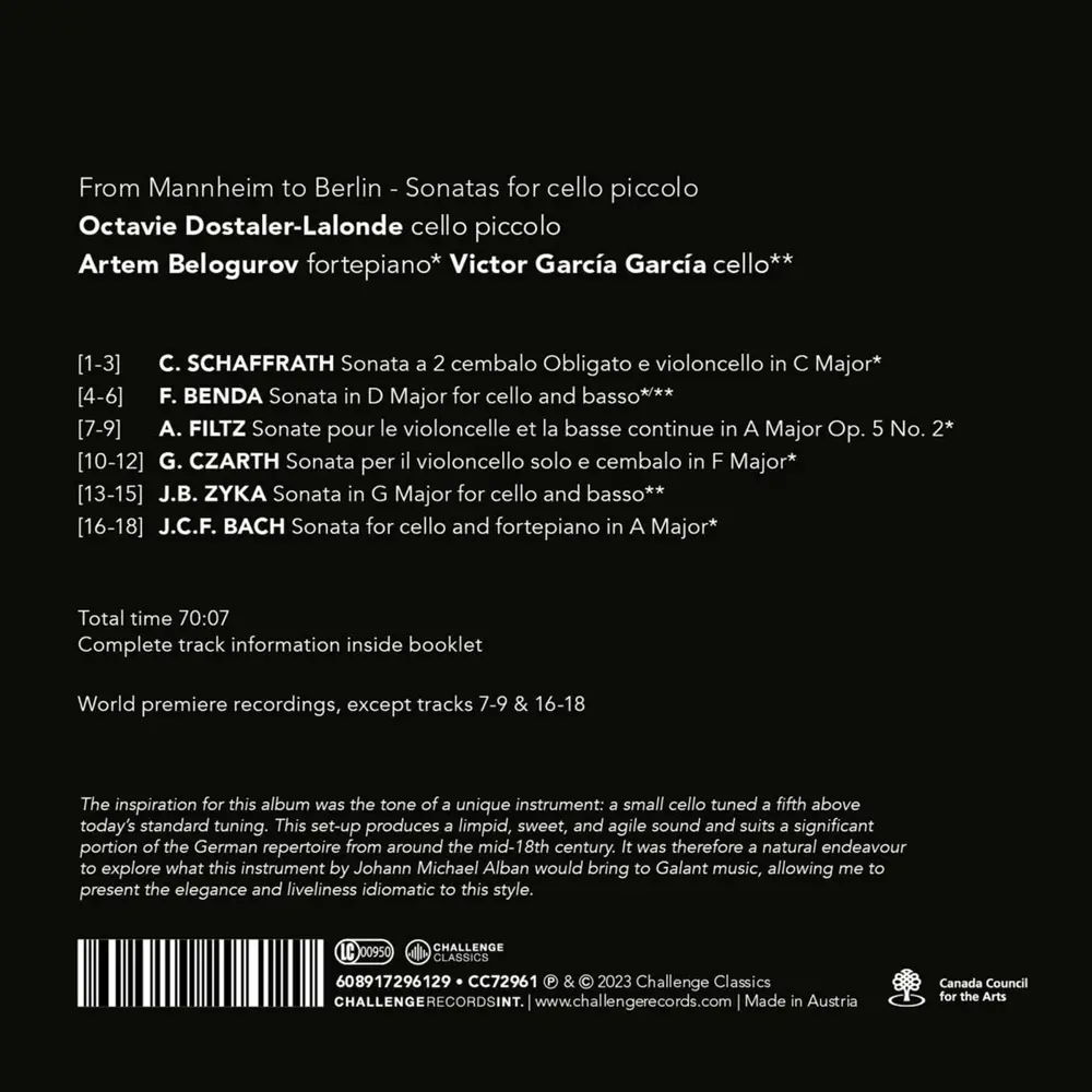 Octavie Dostaler-Lalonde – FROM MANNHEIM TO BERLIN - SONATAS FOR VIOLONCELLO (CD)