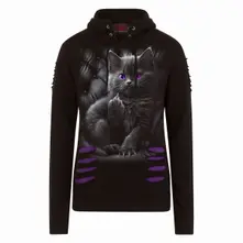 Ladies Ripped Pullover Hoodie: Cattitude (Black & Purple) thumbnail