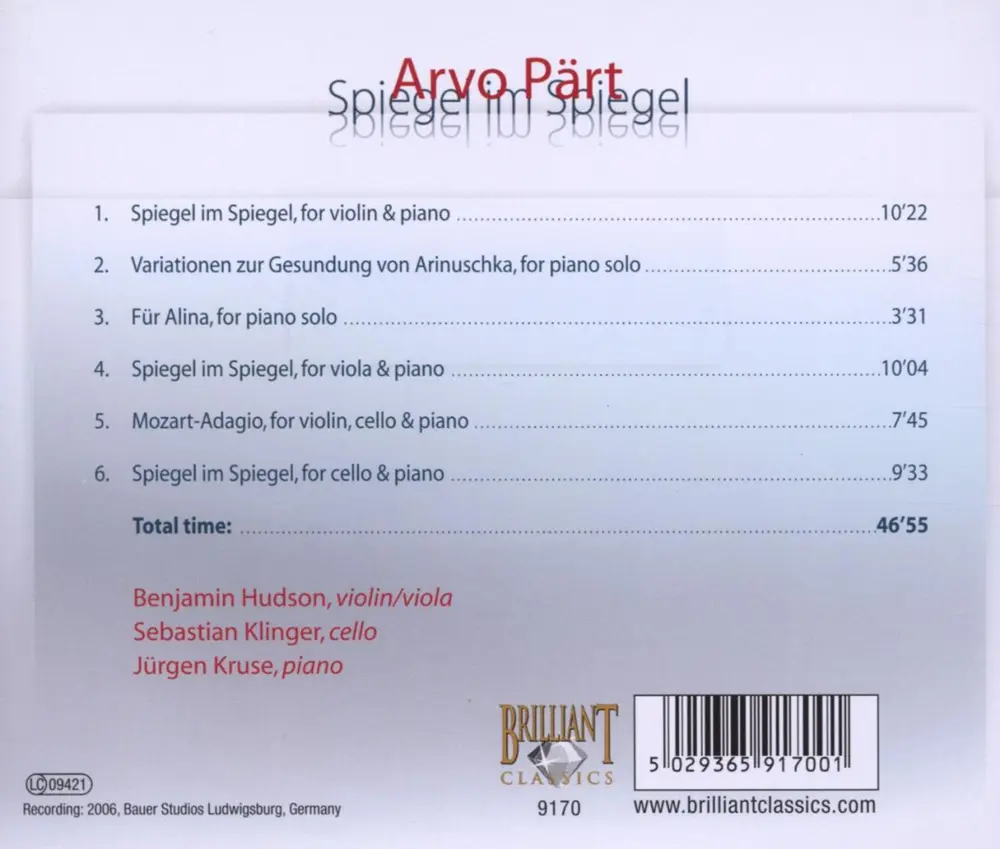 Benjamin Hudson – ARVO PART: SPIEGEL IM SPIEGEL (CD)
