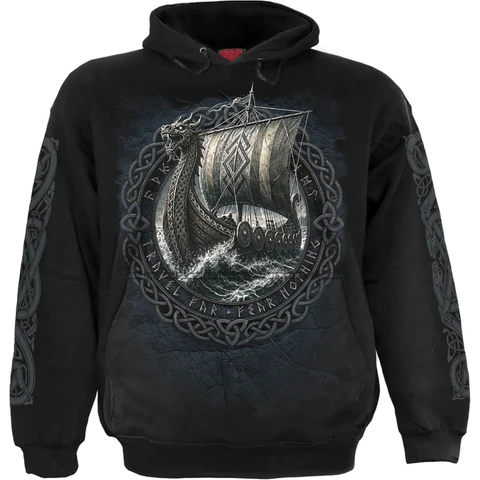 Unisex Pullover Hoodie: Viking Norseman (Black) (Back & Sleeve Print)
