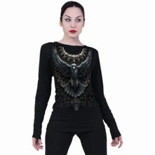 Ladies Long Sleeve Baggy T-Shirt: Raven Skull (Black) thumbnail