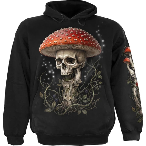 Unisex Pullover Hoodie: Shrooms (Black) (Back & Sleeve Print)