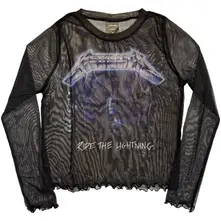Ladies Long Sleeve Mesh Crop Top: Ride The Lightning (Black) (Back Print) thumbnail