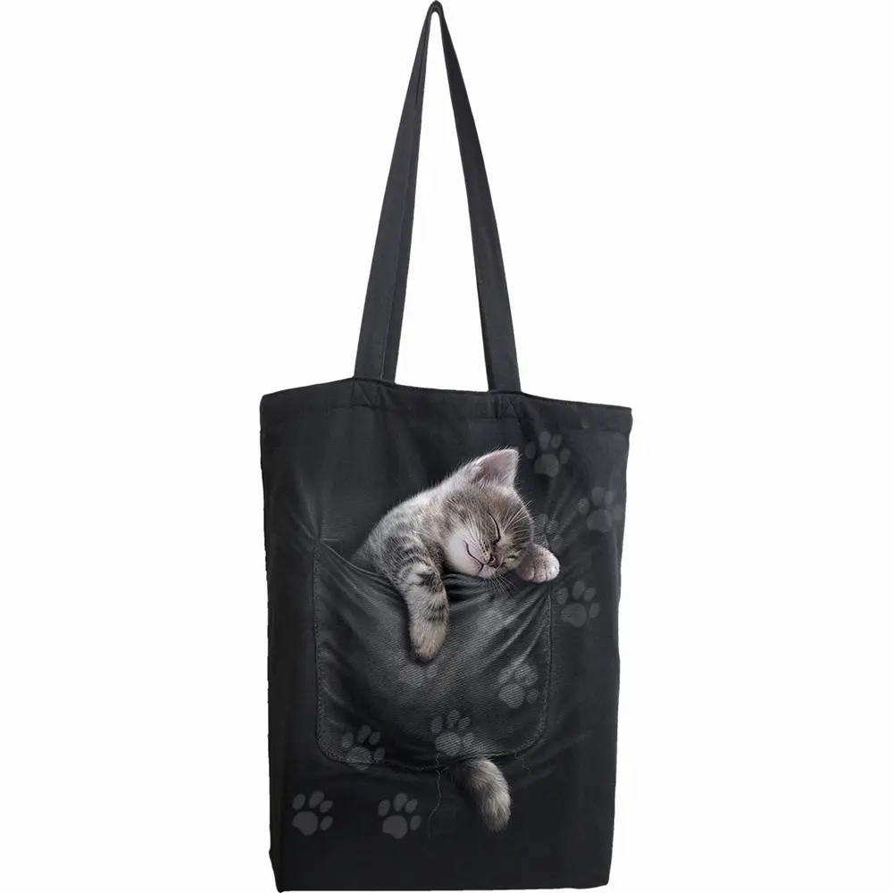 Cotton Tote Bag: Pocket Kitten (Black)