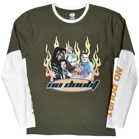 Unisex 2 In 1 Layered Long Sleeve T-Shirt: Flames (Green & White) (Sleeve Print)