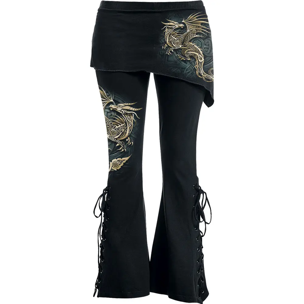 Ladies Boot Cut Leggings with Micro Skirt: Celtic Dragon (Black) (Back Print)