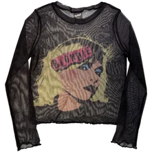 Croptop Ladies Long Sleeve Mesh Crop Top: Punk Poster (Black)