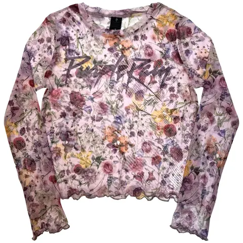 Ladies Long Sleeve Mesh Crop Top: Purple Rain Logo Floral (Pink)