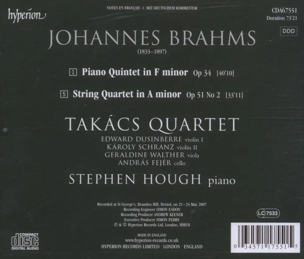 BRAHMS: PIANO QUINTET; STRING QUARTET NO. 2