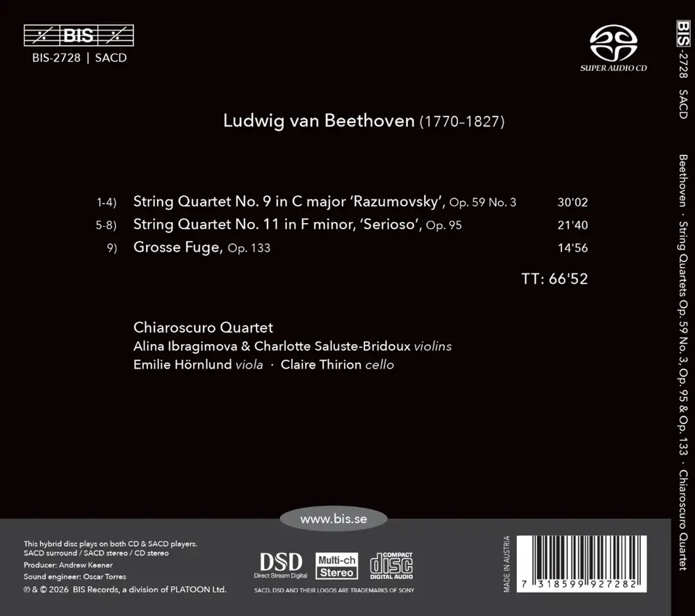 BEETHOVEN: STRING QUARTETS OP. 59 NO. 3, OP. 95 & OP. 133 (CD)