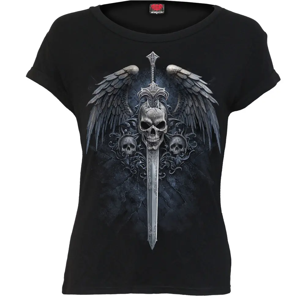 Ladies Boatneck Bat Sleeve Top: Angel Sword (Black)