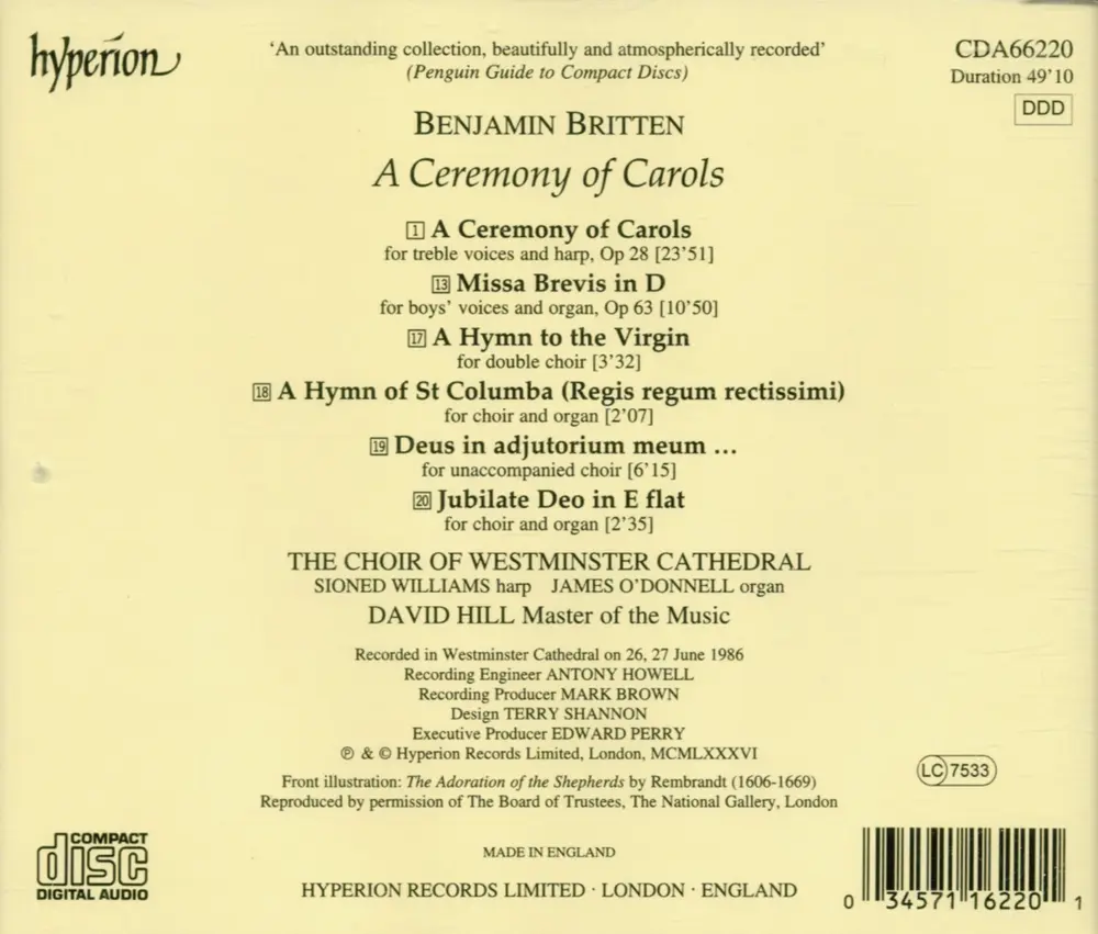 Westminster Cathedral Choir – BRITTEN: A CEREMONY OF CAROLS, MISSA BREVIS & OTHE (CD)