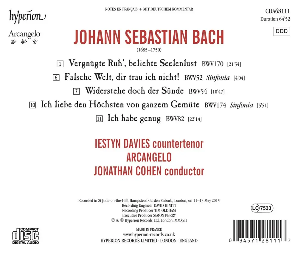 BACH: CANTATAS 54, 82 & 170 "WIDERSTEHE", "ICH HAB GENUG", VERGNUGTE RUH"